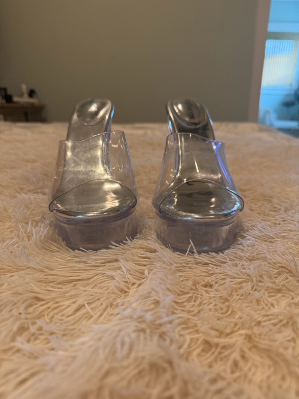 Fantoesay Clear Platform Mule Heels - Silver Transparent Women's Slides